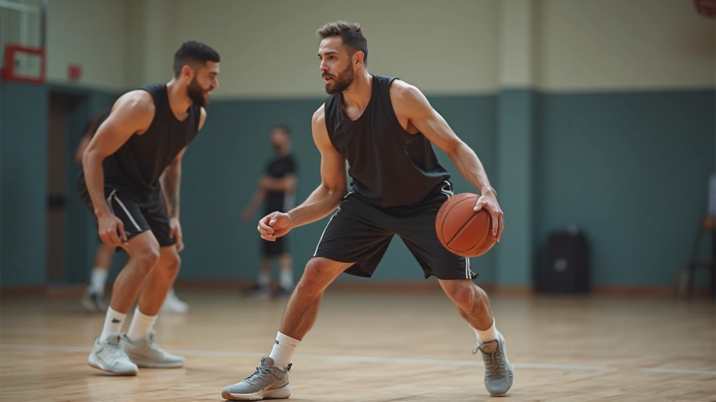 لاعب كرة سلة يؤدي تمارين الدفاع والحركة السريعة